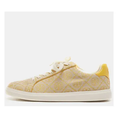 Tory Burch Yellow Jacquard and Leather T Monogram Lace Up Sneakers Size 40.5