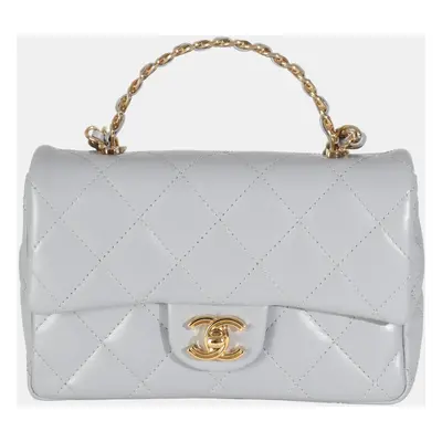 Chanel 23B Grey Quilted Shiny Lambskin Mini CC Top Handle Flap Bag