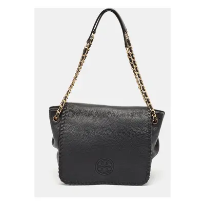 Tory Burch Black Braided Leather Marion Flap Shoulder Bag