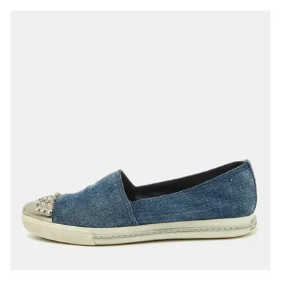 Miu Miu Blue Denim Crystal Embellished Cap Toe Slip On Sneakers Size