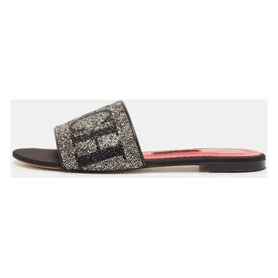 CH Carolina Herrera Black Leather Crystal Embellished Flat Slides Size