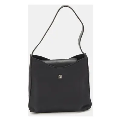 Aigner Black Leather and Nylon Flap Hobo