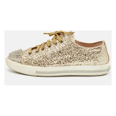 Miu Miu Gold Coarse Glitter Metal Cap Toe Low Top Sneakers Size 37.5