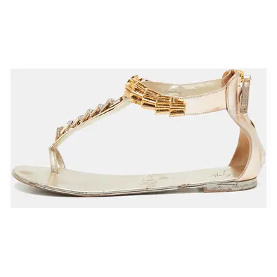 Giuseppe Zanotti Gold Leather Embellished Ankle Strap Flat Sandals Size