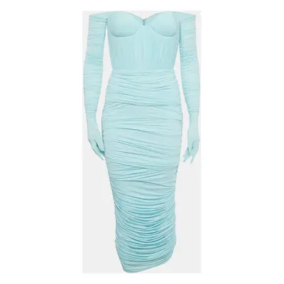 Alex Perry Blue Jersey Strapless Ruche Maxi Dress With Gloves