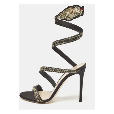 Gianvito Rossi Black Satin Dragon Embroidered Opera Sandals Size