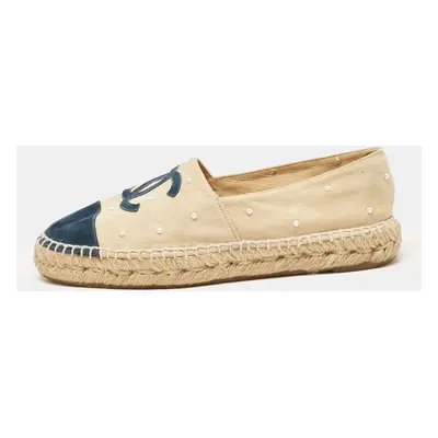 Chanel Blue/Beige Suede CC Cap Toe Espadrille Flats Size