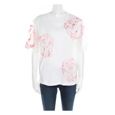 Alexander McQueen White Cotton Floral Embroidered Silk Sleeve Detail Oversized T-Shirt