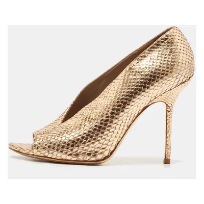 Burberry Metallic Gold Snakeskin Embossed Leather Peep Toe Pumps Size