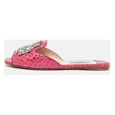 Prada Pink Crocodile Crystal Embellished Flat Slides Size 37.5