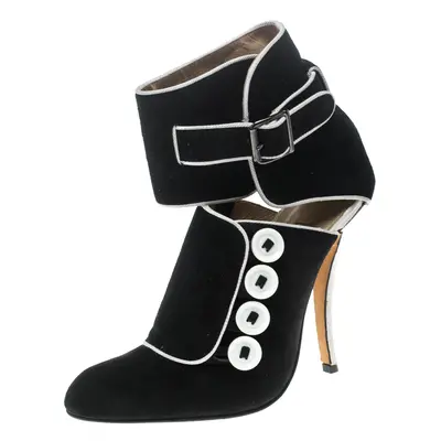 Manolo Blahnik Black/White Suede and Fabric Rapacina Button Detail Booties Size 35.5