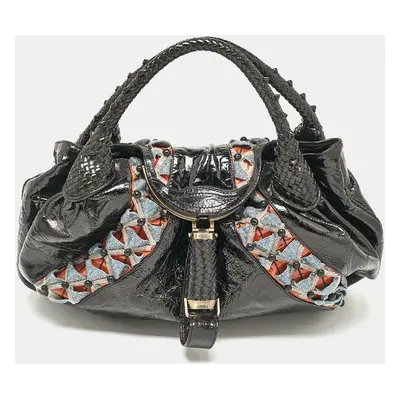 Fendi Black Patent Leather Beads Embellished Spy Hobo