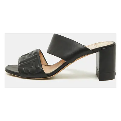 Fendi Black Leather FF Embossed Block Heel Slide Sandals Size