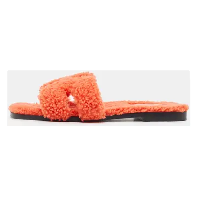 Hermes Orange Shearling Fur Oran Flat Slide Sandals Size