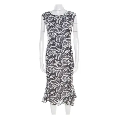 Escada Monochrome Lace Printed Silk Sleeveless Flounce Midi Dress