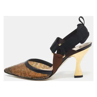 Fendi Brown/Black Zucca Sequins and Leather Colibri Slingback Pumps Size