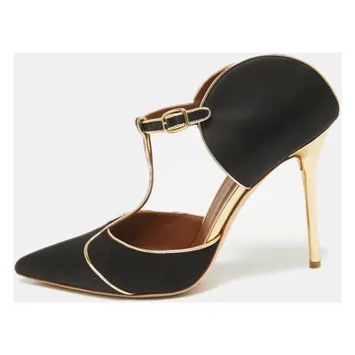 Malone Souliers Black/Gold Satin And Leather Imogen Pointed Toe Sandals Size