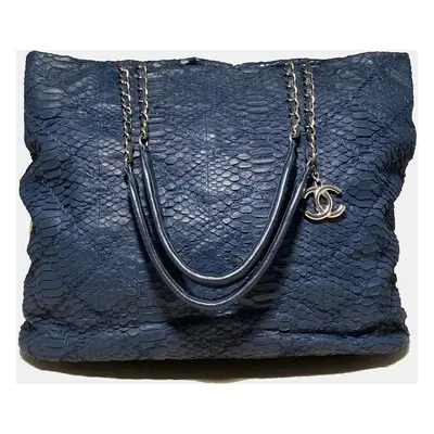 Chanel Navy Blue Quilted Matte Snakeskin Tote