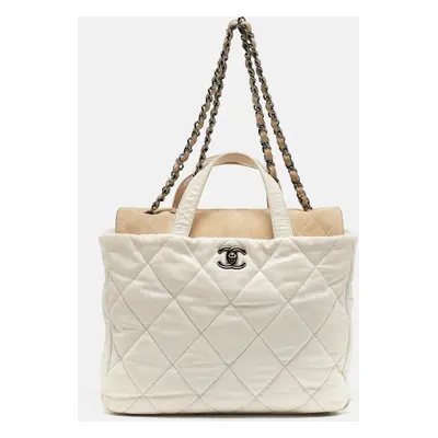 Chanel White Quilted Leather and Suede Portobello Tote