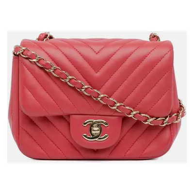 Chanel Red Lambskin Mini Square Classic Chevron Single Flap Bag