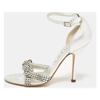 Gina Silver Leather Crystal Embellished Ankle Strap Sandals Size 38.5