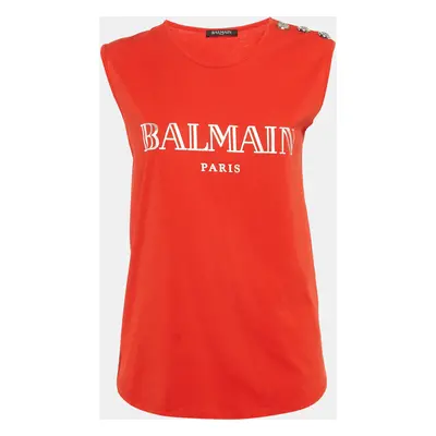 Balmain Red Logo Print Cotton Knit Button Front Sleeveless