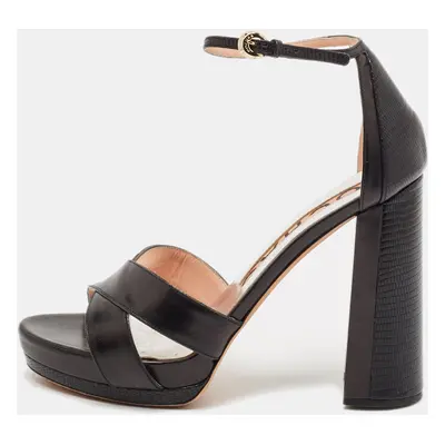 Rochas Black Leather and Lizard Embossed Leather Ankle Strap Sandals Size