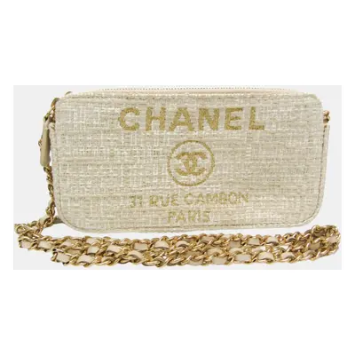 Chanel Light Beige Off-white Tweed Chain/Shoulder Wallet