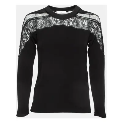 Sandro Black Lace Trim Crepe Crew Neck Top