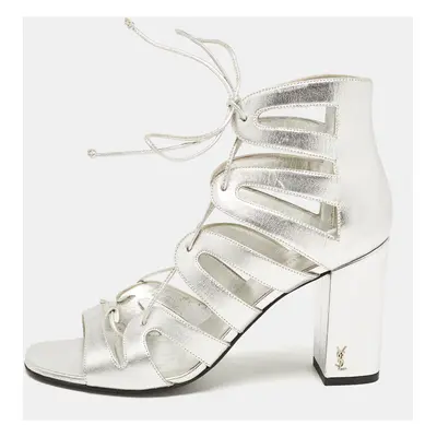 Saint Laurent Silver Leather Babes Lace Up Sandals Size