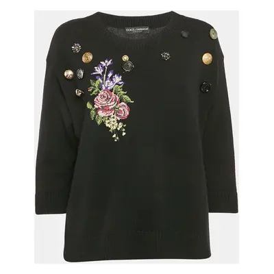 Dolce & Gabbana Black Floral Embroidered Cashmere Button Detail Sweater