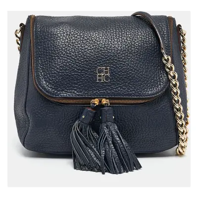 CH Carolina Herrera Navy Blue Pebbled Leather Tassel Shoulder Bag