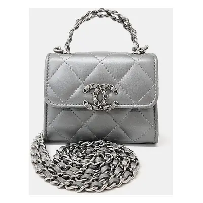 Chanel Silver Metallic Leather Mini Top Handle Chain Crossbody Bag