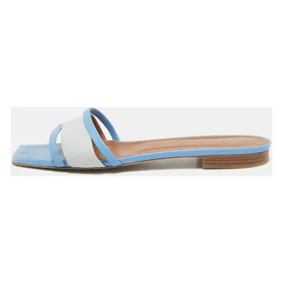 Malone Souliers Grey/Blue Leather And Fabric Demi Flat Slides Size