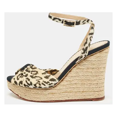 Charlotte Olympia Beige/Black Fabric Wedge Espadrille Sandals Size