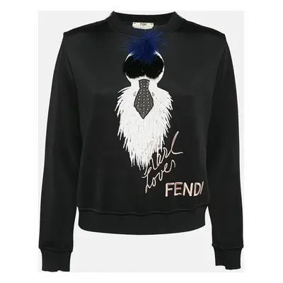 Fendi Black Karlito Fur Trim Stretch Knit Sweatshirt