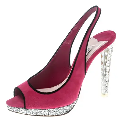 Miu Miu Pink Suede Crystal Embellished Heel Gliiter Platform Peep Toe Slingback Sandals Size 37.