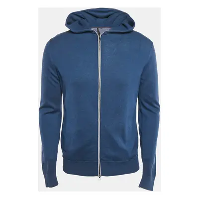 Loro Piana Blue Cashmere and Cotton Knit Hooded Leasure Bomber Jacket