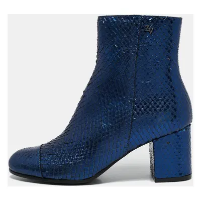 Zadig & Voltaire Blue Python Embossed Leather Block Heel Ankle Boots Size