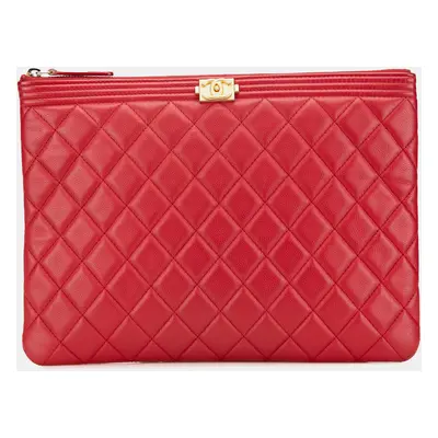 Chanel Red Medium Quilted Caviar Boy O Case Clutch