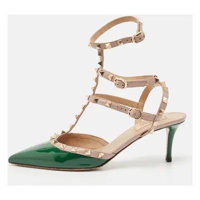 Valentino Green/Beige Patent Leather Rockstud Caged Ankle Strap Pumps Size