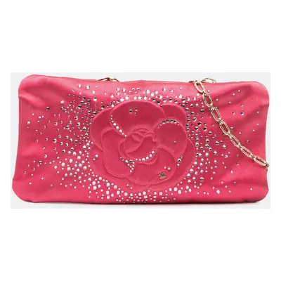 Chanel Pink Satin Diamante Camellia Clutch with Chain