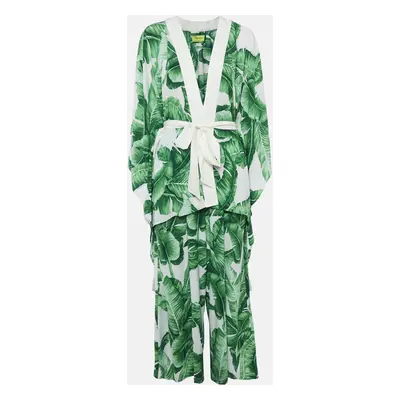 Mystique Beach Green/White Leaf Print Kimono and Samui Pants Set