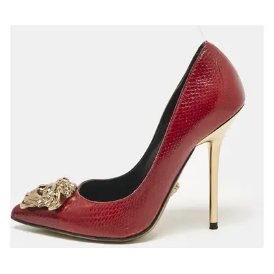 Versace Red Snakeskin Leather Medusa Pointed Toe Pumps Size 35.5