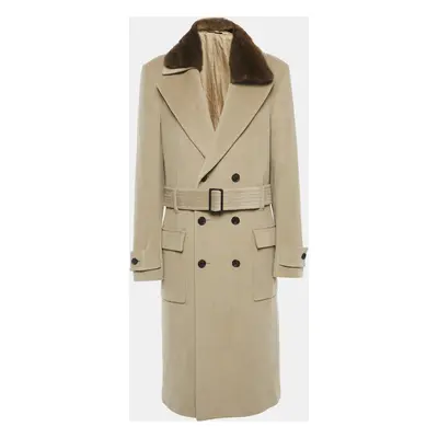 Fendi Beige Real Fur Trim Wool Double Breasted Coat