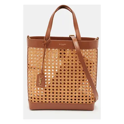 Saint Laurent Brown Woven Rattan and Leather Toy Tote