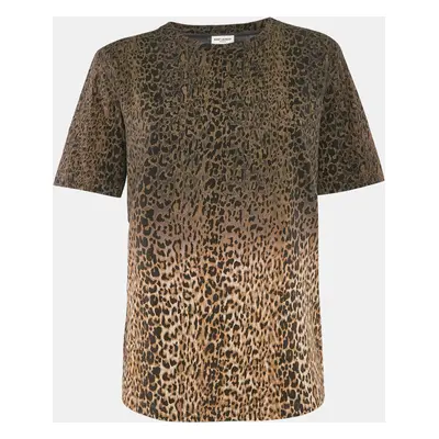 Saint Laurent Brown Animal Print Cotton Crew Neck T-Shirt