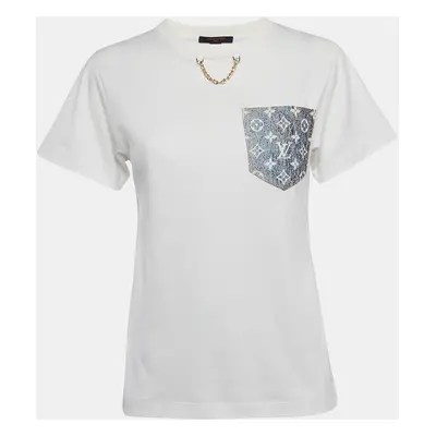 Louis Vuitton White Cotton Logo Jacquard Denim Pocket Detail T-Shirt