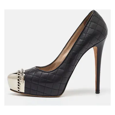 Le Silla Black Quilted Leather Metal Cap Toe Platform Pumps Size