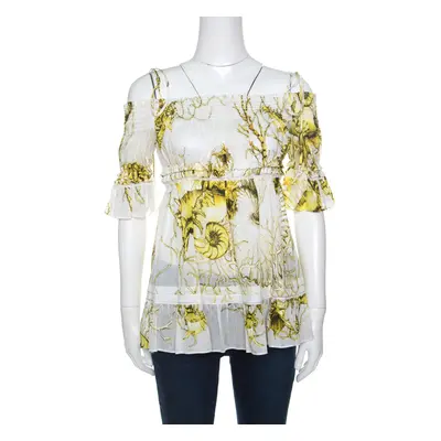 Roberto Cavalli White and Yellow Floral Printed Cotton Off Shoulder Blouse